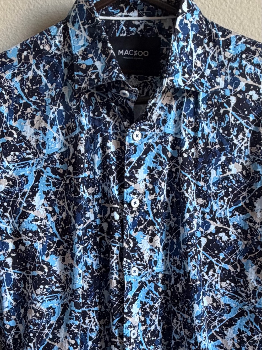 Maceoo FIBONACCI BURST BLUE Splatter Shirt, Size L